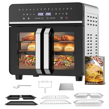 Friggitrice ad Aria 23L XXL Mini Forno con Porte alla Francese, 2600W Air Fryer Dual Zone con Smart-Touch, Sync Finish, 15 Programmi, Ricettario & 13 Accessori Inclusi, Metallo