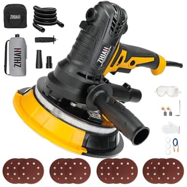ZHJAN Levigatrice Per Muro 900W,Levigatrice a Secco1400-2700RPM,trasmissione a 5 velocità,Luce LED, Aspirazione Polvere Automatica,Tubo Flessibile e 12 Dischi di Levigatura,Smerigliatrice da parete