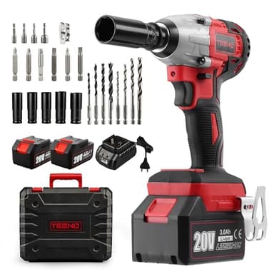TEENO Brushless - Chiave a percussione senza fili, 320 Nm Bullonatrice a urto con batteria da 3,0 Ah, bulloni per ruote, scatola con 25 accessori