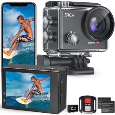 Hiicam Speed 10 Action Cam 5K 30FPS 30MP Fotocamera Impermeabile Subacquea 40M con EIS, Telecamera Sportiva con Telecomando Zoom 5X, 170° Grandangolare, Batteria 2x1350mAh/64GBAccessori