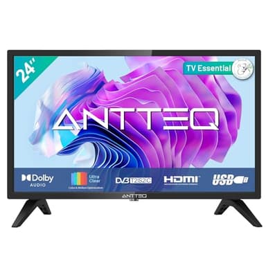 Antteq AB24F1D Televisore 24 Pollici (LED HD TV 60 cm), 60Hz, Triplo Tuner DVB-C / T2 / S2, HDMI, USB, CI/CI+, VGA, Dolby Audio, Modalità Hotel [Classe di Efficienza Energetica F]