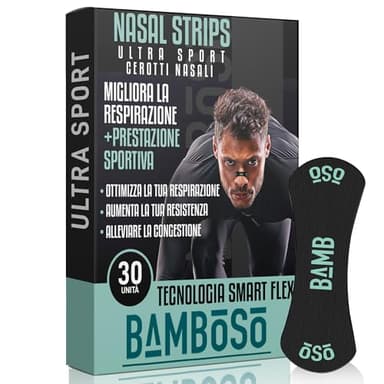 Bamboso 30 Strisce Nasale Sportive Nere | Migliora la respirazione durante lo sport | Allevia la congestione e aumenta le prestazioni fisiche | Ipoallergeniche e comode