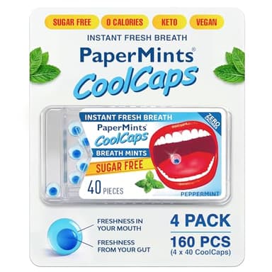 Papermints CoolCaps Instant Fresh Breath Mints Box 40 x 4 Pack, deodorante per respiro e trattamento alito cattivo per adulti, trattamento alitosi - Pulisci e rinfresca dall'intestino.