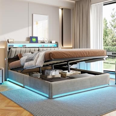Letto imbottito 140 x 190 con LED e porte USB, letto baule con portaoggetti idraulico, rete a doghe, tessuto vellutato, letto matrimoniale design moderno, senza materasso (velluto grigio, 140 x 190)