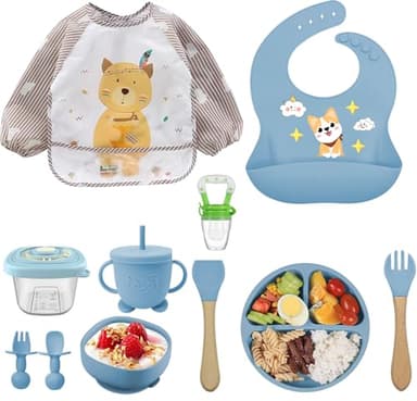 Set Pappa per Bambini, Set da 10 Pezzi Svezzamento Set, Silicone Piatto con Ventosa Ciotola Cucchiaio Forchetta Bavaglino, Piatto con Ventosa per Bambini,Piatti per bambini