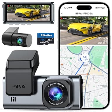 Alltotive R5 Pro Dash Cam 4K/2.5K per Auto, Telecamera Doppia Anteriore e Posteriore, WiFi 5GHz, GPS, SD 128GB Inclusa, Schermo IPS 3.16", Parcheggio 24H, Visione Notturna, G-Sensor, 256GB Max