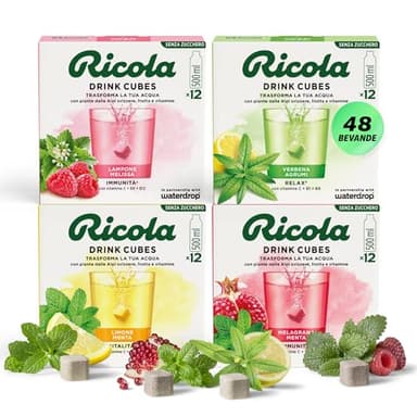 waterdrop® x Ricola - 48 Cubetti per Acqua - Pacchetto di Prova 4 Gusti Aromatizzanti - Lampone Melissa, Verbena Agrumi, Melagrana Menta & Limone Menta, Acqua aromatizzata Senza Zucchero, Vitamina C