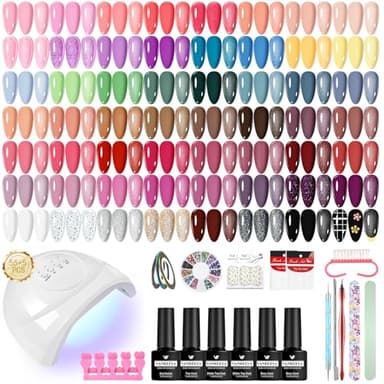 VANREESA 55 Colori Kit Semipermanente Unghie, 77PZ Kit Unghie Gel Completo con Top Base Opaco Brillantini Coat e Lampada UV Led Unghie 48W e Strumenti per Manicure, Set Manicure per Principianti