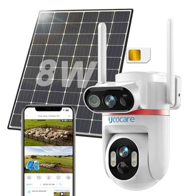 Telecamera con SIM, UCOCARE 4MP Doppio Obiettivo Telecamera con SIM 4G da Esterno con Pannello Solare 8W, 15800mAh Batteria, 360° Tracciamento Automatico, Rilevamento AI, Visione Notturna Colori, IP66