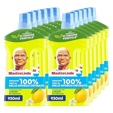 Mastro Lindo Liquido Detersivo Per Pavimenti Multiuso, 12 Confezioni (12 x 930ml), Profumo La Freschezza Dei Limoni Di Sicilia, Rimuove Fino Al 100% Di Sporco E Grasso