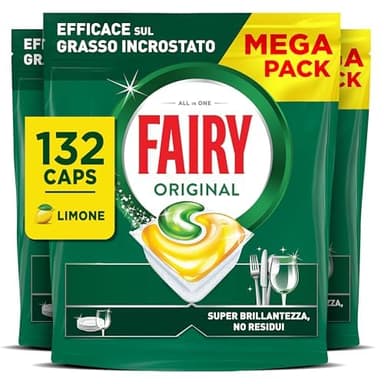 Fairy Detersivo Pastiglie Lavastoviglie Brillantante, 132 Capsule Lavastoviglie, Original Limone, Azione Pulente Al Primo Lavaggio, Efficace Sul Grasso Incrostato Con Azione Brillante