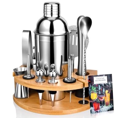 Set Cocktail, Kit Cocktail Professionale in Acciaio Inossidabile da 12 Pezzi, Shaker da 750 ml, Kit Barman con Supporto in Legno per La Casa o il Bar, Libro da Cocktail