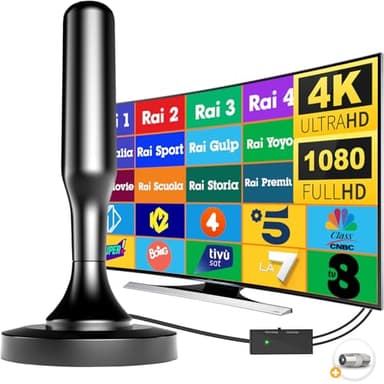 2025 Nuova Antenna TV Interna Amplificata Potente, Antenna Portatile con Base Magnetica per 4K Smart TV(DVB-T/T2), Ricezione Segnali Digitali Terrestri entro 380 km, Include un cavo coassiale da 5 m