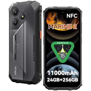 OSCAL MARINE 2 Rugged Smartphone 2025, 11000mAh 24GB+256GB/2TB Android 15 Telefono Indistruttibile, 6.56" HD+ 90Hz Rugged Phone, 16MP AI Cam, IP68/IP69K/Dual SIM/NFC/Face ID/OTG/GPS, Garanzia a vita