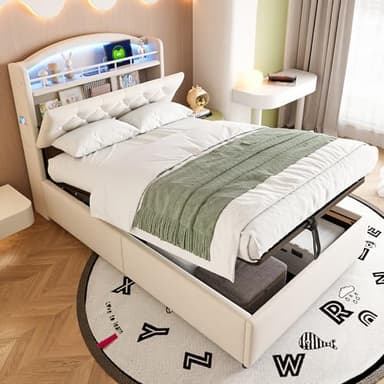 Ymkua Letto Imbottito per Bambini 90x200 cm, Letto Singolo con LED e USB Typ-C Porta, Bed frame con Contenitore Testata e Rete a Doghe, Sistema Stoccaggio Idraulico, Velluto Senza Materasso (Beige)