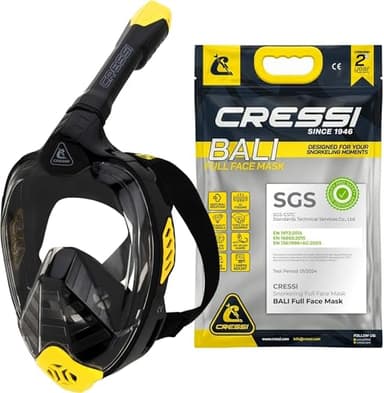 CRESSI Bali Full Face Mask Black/Yellow L/XL-Maschera Snorkeling Integrale Unisex, Lente Ultra Chiara Anti Fog, 100% Silicone, Snorkel Dry con Valvole Sicurezza, Supporto Action Cam, Nero/Giallo, L/XL