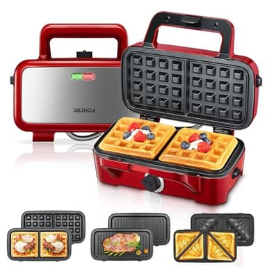 Piastra Waffles Maker 3 in 1, 1200W Tostapane Piastra Panini, Tostiera Elettrica, ad Alta Potenza, Controllo della Temperatura a 5 Marce, Deposito Cavi, Rivestimento Antiaderente, Rosso d'Epoca