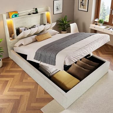 Letto singolo imbottito 90x200cm con LED e ricarica USB Type-C,letto contenitore con vano ribaltabile,struttura letto con contenitore idraulico,Letti imbottito singolo,lino,senza materasso,beige