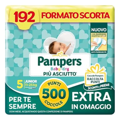 Pampers Baby Dry Junior, Taglia 5 (11-25 kg), Formato Scorta, Barriere Anti-Fuoriuscite, Più Asciutto Fino a 12h, Linguette Rinforzate e Avvolgenti, 192 Pannolini Bambino + 500 Punti Omaggio