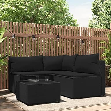 Homgoday Set Divani da Giardino 4 pz con Cuscini Nero in Polyrattan, Divano Letto, Sofà Soggiorno Divanoletto Divano Moderno Sofà Salvaspazio per Piscina Giardino Esterno