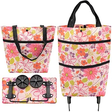 INHEMING Carrello Portaspesa,Borsa per la Spesa Pieghevole con 2 Ruot,Multifunzione, per la Spesa, da Viaggio - Fiore