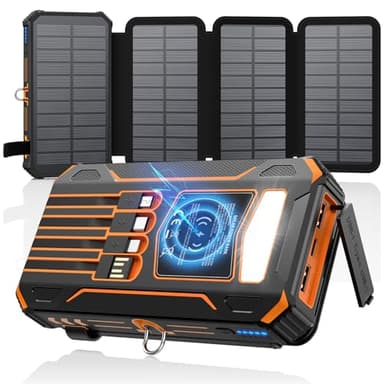 SOARAISE-Caricatore-Solare-Power-Bank-27000mAh - Impermeabile Caricabatterie Solare con 4 Cavi & 4 Pannelli Solares, PD QC 3.0 USB C Ricarica Rapida Batteria Esterna per Telefono (Arancione)