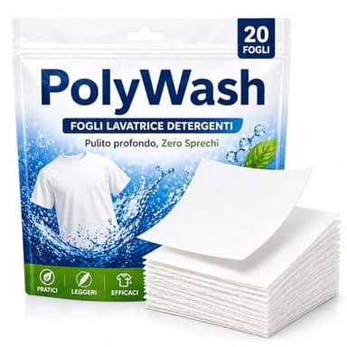 Detersivo in Fogli Lavatrice con Ammorbidente – 20 Fogli Ultra Concentrati – Delicato su Pelle Sensibile e Bambini – Ecologico, Senza Plastica – PolyWash