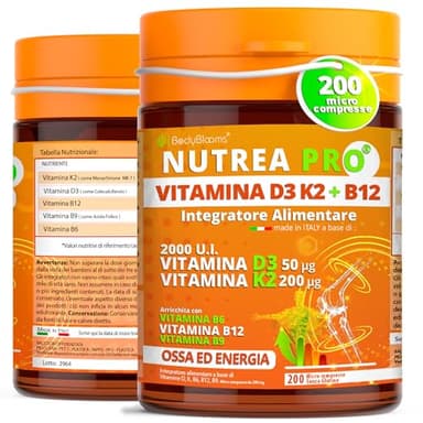 Vitamina d3 k2 2000UI - 200 Micro Compresse vit d3 k2 Arricchite con B12 e Acido folico. Supporto completo per ossa, muscoli ed energia - Integratore di Vitamina D senza glutine. Made in Italy