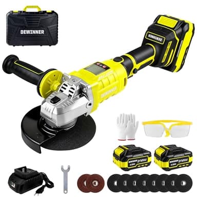 DEWINNER Smerigliatrice Angolare a Batteria Brushless 20V, Ø125mm, può ruotare di 90° su entrambi i lati.Smerigliatrice Angolare Senza Fili con 2 Batterie da 3.0Ah, 8500 giri/min, Dischi da Taglio
