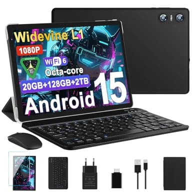 Biegedy Tablet 10 Pollici Android 15, Tablets 20GB RAM+128GB ROM (2TB TF), Octa-Core, Tablets WiFi 6, Widevine L1, GMS, Bluetooth 5.0, 6000mAh, 5+8MP, Tablet 2 in 1 Tastiera + Mouse - Nero