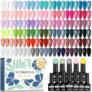 VANREESA Kit Semipermanente Unghie, 45 Colori Smalto Semipermanente Unghie Base Top Coat Lucida Opaco Glitterato, Kit Manicure per Principianti, Regali per Donne