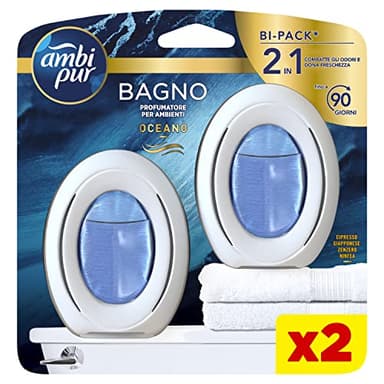 Ambi Pur Bagno Profumatore Per Ambienti, Profumatori Bagno, Fragranza Oceano, Diffusore Ambiente Con Tecnologia Elimina Odori, Durata Fino A 45 Giorni Per Profumatore, 2 unità (Confezione da 1)