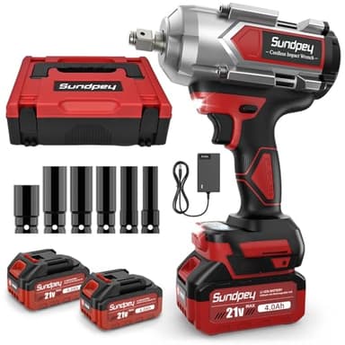 Sundpey Avvitatore a Impulsi Brushless 1200Nm - 21V Avvitatore a Percussione 2600RPM con Batteria 2 * 4000mAh 6 Bussola per Avvitare e Svitare, Avvitatore ad Impulsi 1/2" per Auto Casa
