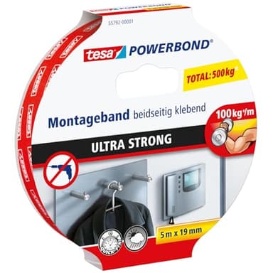 tesa Powerbond Ultrastrong Nastro Biadesivo per Fissaggio, 5m x 19mm, Standard