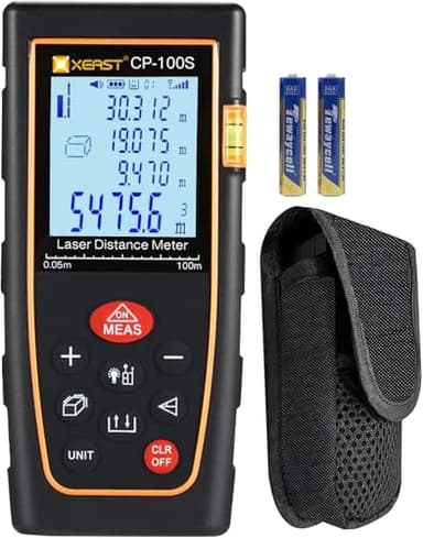 Metro Laser 100M, XEAST IP54 Misuratore Laser, Misura di Distanza Digitale Portatile con 1 Livelli di Bolla, Telemetro Laser Distanziometro con Display LCD a 4 Righe e Retroilluminazione più Grande