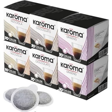 Caffè Karoma® 60 Cialde Mix 3 Gusti caffè aromatizzati alla Nocciola Ginseng e Cioccolato compostabili ESE 44mm