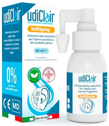 Spray Auricolare per Tappo Cerume 50ml - UdiClair SoftSpray Rimozione Cerume Pulizia Orecchie per Adulti Bambini e Anziani - Soluzione Delicata Isotonica alla Camomilla Made in Italy