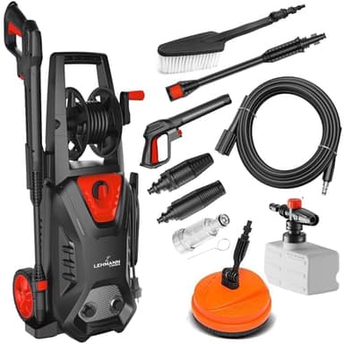 LEHMANN Hudson Idropulitrice ad Alta Pressione con Pompa in Alluminio, 1800 W, Max. 220 Bar, Portata 450 l/h, Set di Accessori – Spazzola Rotante per Terrazze, Schiumatore, Spazzola per Cerchioni