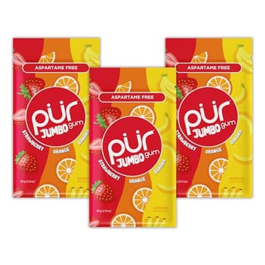 PUR Jumbo Gum | Gomme da Masticare Senza Aspartame | Con Xilitolo | Gusto Naturale Strawberry, Banana, Orange, 20 Pezzi (Confezione da 3)