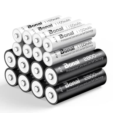 BONAI Batterie Ricaricabili AA AAA Combinate 16PCs, 1,2V Ni-MH Ad Alta Capacità 8 X AA 2800mAh Pile Ricaricabili e 8 X AAA 1100mAh Pile Ricaricabili 1200 Cicli Bassa Autoscarica