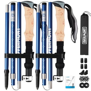 Overmont Bastoni Trekking - Bastoncini da Trekking Pieghevole Regolabile 105-125cm - 1 Paio Ultraleggeri Nordic Walking Bastoni in Alluminio con Manico in EVA - per Montagna Escursioni Neve