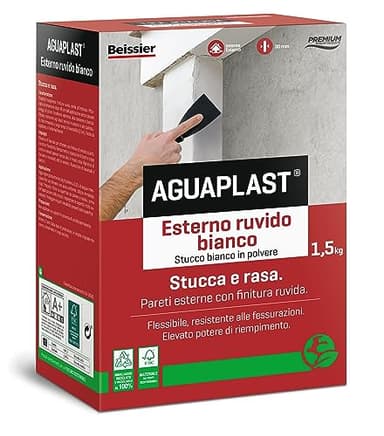 AGUAPLAST SR5 Ruvido Bianco – Stucco Rasante Fibrato per Esterni/Interni, Finitura Ruvida Simile Intonaco, Riempimento Crepe e Fori fino a 30 mm - formato da 1,5kg