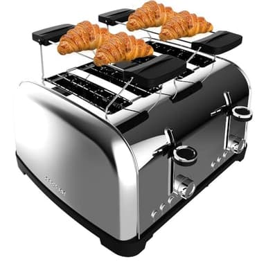 Cecotec Tostapane Verticale 4 Slot Brevi Toastin' time 1700 Double Inox. 1700 W, 4 fette di pane, fessura larga 3,8 cm, 2 supporti per panini e vassoio raccogli briciole, acciaio inossidabile