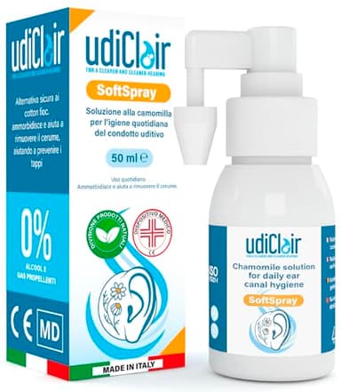 Spray Auricolare per Rimozione del Cerume 50ml - UdiClair SoftSpray Pulizia Orecchie Adulti e Bambini con Getto Nebulizzato Previene Tappi di Cerume - Soluzione Isotonica alla Camomilla Made in Italy
