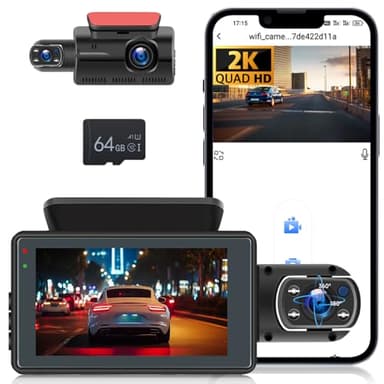 1440P Dash Cam Auto Anteriore Interno, Hodozzy Doppia Telecamera con Visione Notturna, Dashcam Auto Fronte con Registrazione, Monitoraggio Parcheggio, 3 Pollici Dash Cam Auto con Schermo Scheda 64 GB