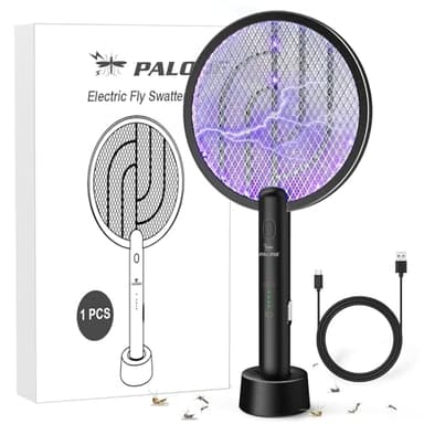 PALONE Racchetta Zanzare Elettrica 4000V - Ricaricabile Insettivoltore USB, Doppia Funzione con Luce LED, Sicura a Tripla Maglia per Casa/Giardino/Campeggio - Nero
