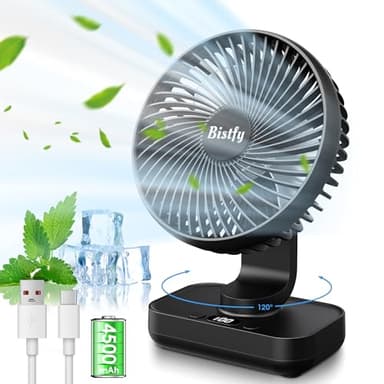 Bistfy Ventilatore da Tavolo Ultra-Silenzioso, 120° di Oscillazione, 90° di Inclinazione Della Testa Regolabile, 14cm Digitale a 4 Velocità 4500mAh Ventilatore da Scrivania Portatile USB Ricaricabile