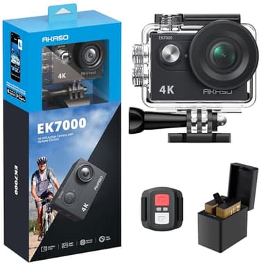 AKASO EK7000 Action Cam 4K, Fotocamera Subacquea WiFi 20MP, Impermeabile 30M, Microfono Esterno Compatibile, Telecomando, 2 Batterie 1050 mAh, Accesorios Multiples per Bicicletta Casco Sci Surf