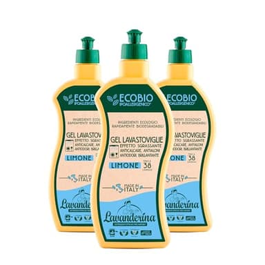 Lavanderina, Detersivo Lavastoviglie al Limone, Gel Lavastoviglie 38 Lavaggi, 650 ml x 3 Pack, Detergente Ecologico per Lavastoviglie, Sgrassante, Anticalcare e Brillantante