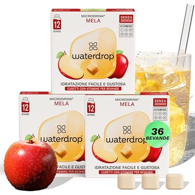 waterdrop® Microdrink MELA, 36 cubetti waterdrop per acqua, Pacchetto di prova con gusti a Succo de Mela, insaporitore acqua senza zucchero, acqua aromatizzata, Cubetti per bevande